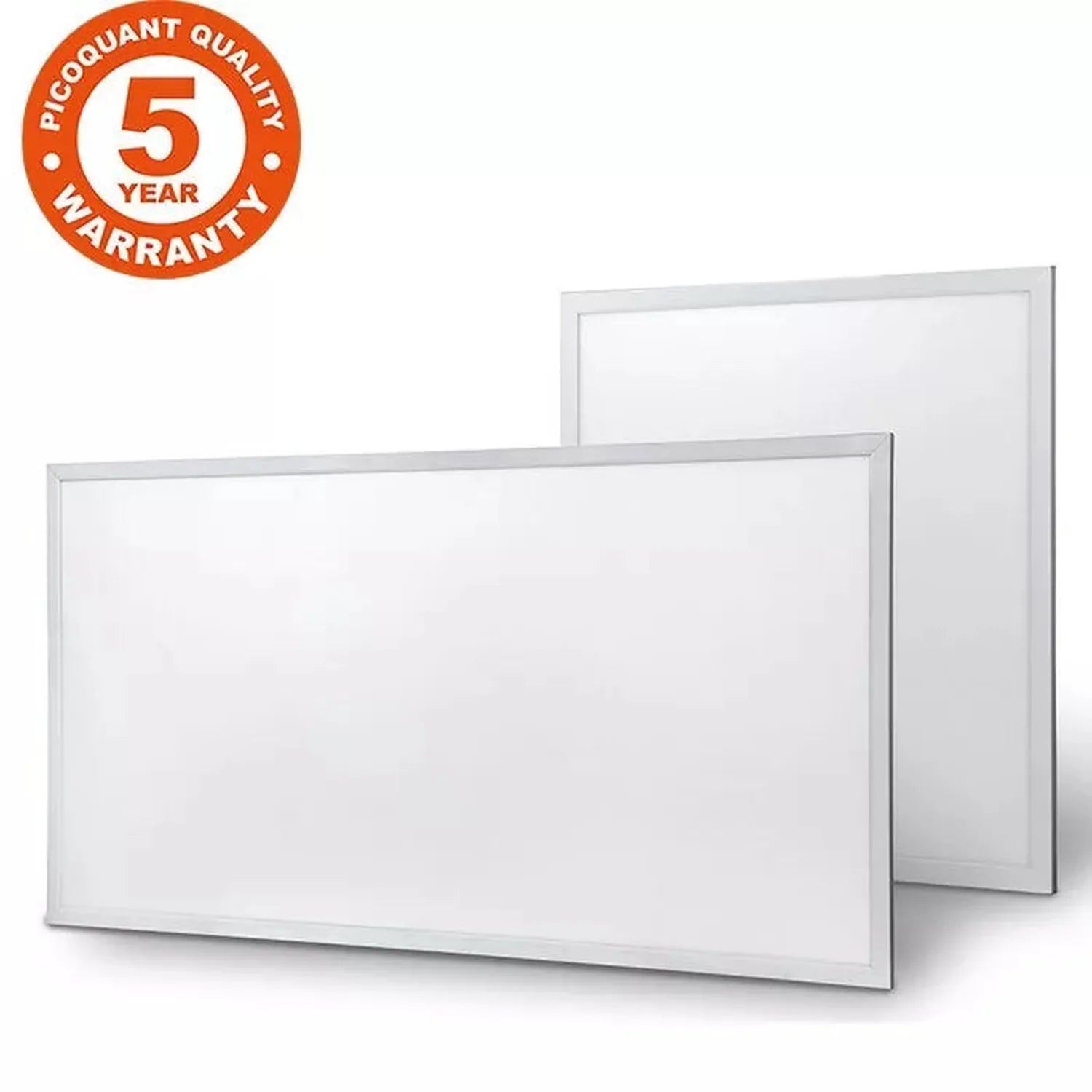 Two LED panel lights with white frames displayed at angles, with 5-year warranty badge