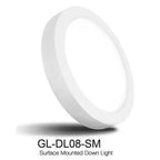 GL-DL08-SM Surface Mounted Down Light, white round LED panel light tilted at angle showing depth and mounting ring.