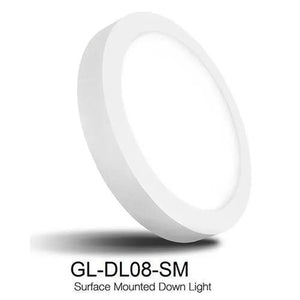 GL-DL08-SM Surface Mounted Down Light, white round LED panel light tilted at angle showing depth and mounting ring.