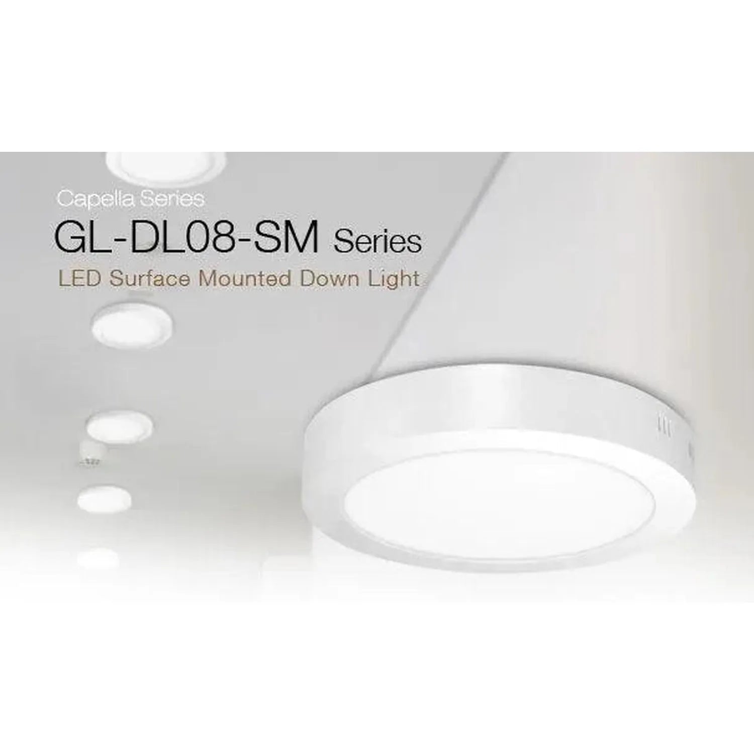 GL-DL08-SM Series LED surface mounted down lights installed in white ceiling, showing multiple round fixtures.