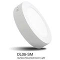 White circular LED surface mounted down light, model DL06-SM, shown at an angle against white background.