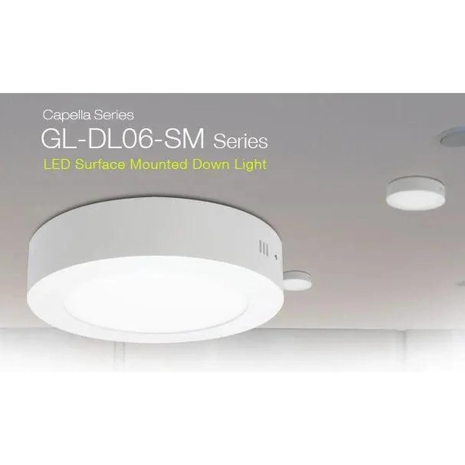 GL-DL06-SM Series LED surface mounted down light shown installed on ceiling, displaying round white panel with gray trim ring