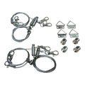 Steel cable suspension kit with carabiners, swivels, triangle hangers, and threaded fasteners for LED panel mounting.