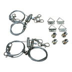 Steel cable suspension kit with carabiners, swivels, triangle hangers, and threaded fasteners for LED panel mounting.