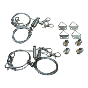 Steel cable suspension kit with carabiners, swivels, triangle hangers, and threaded fasteners for LED panel mounting.