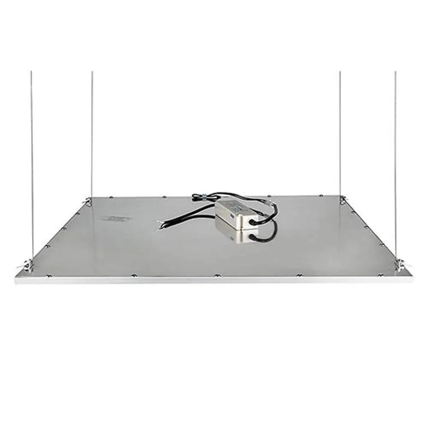 Underside view of rectangular metal LED panel with four suspension cables attached at corners and power cord coiled on surfac