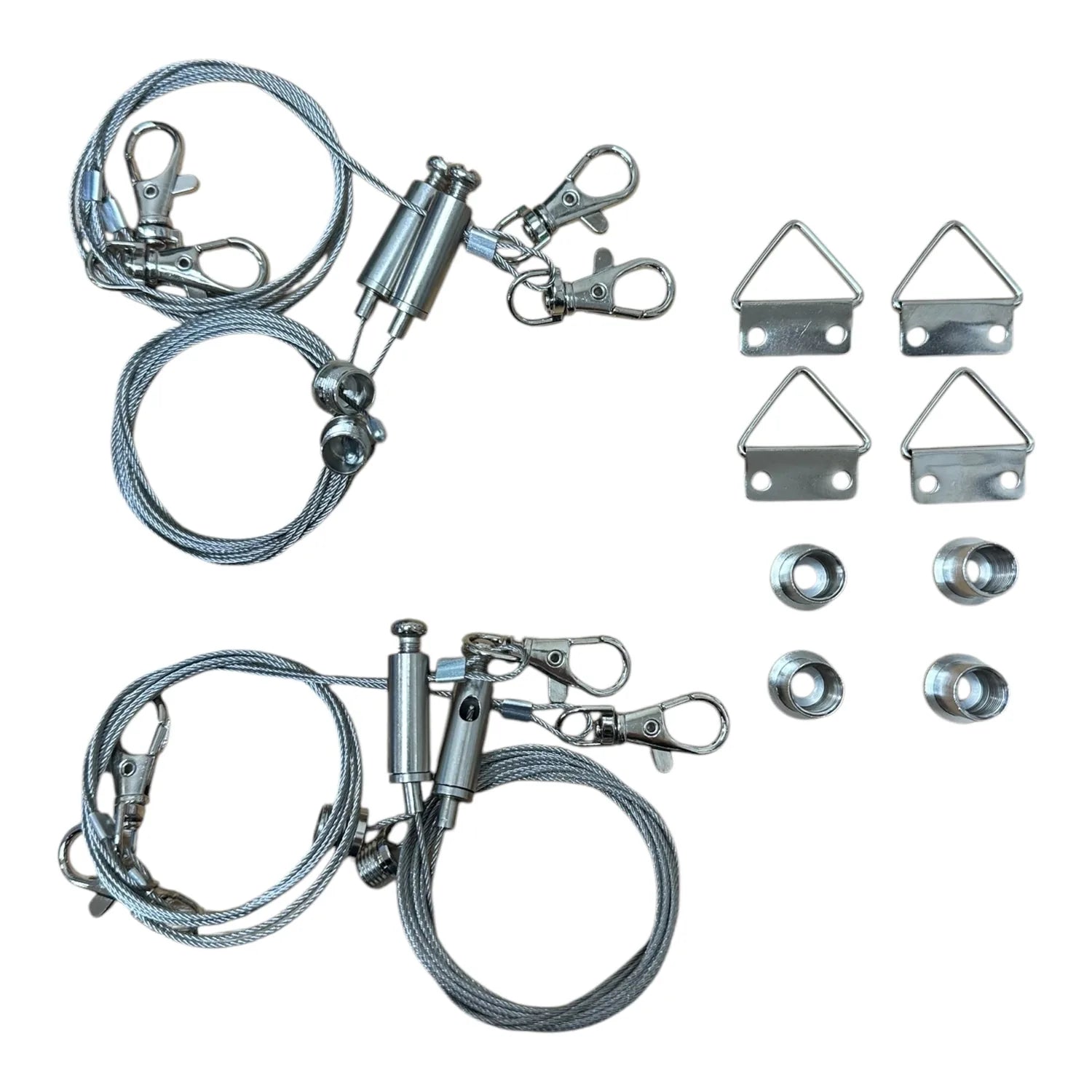 Suspension cable kit components laid out flat, including two steel cable assemblies with carabiners, metal triangular hanging