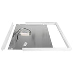 Underside view of aluminum surface mount frame showing gray backing plate with wired driver component and white border frame 