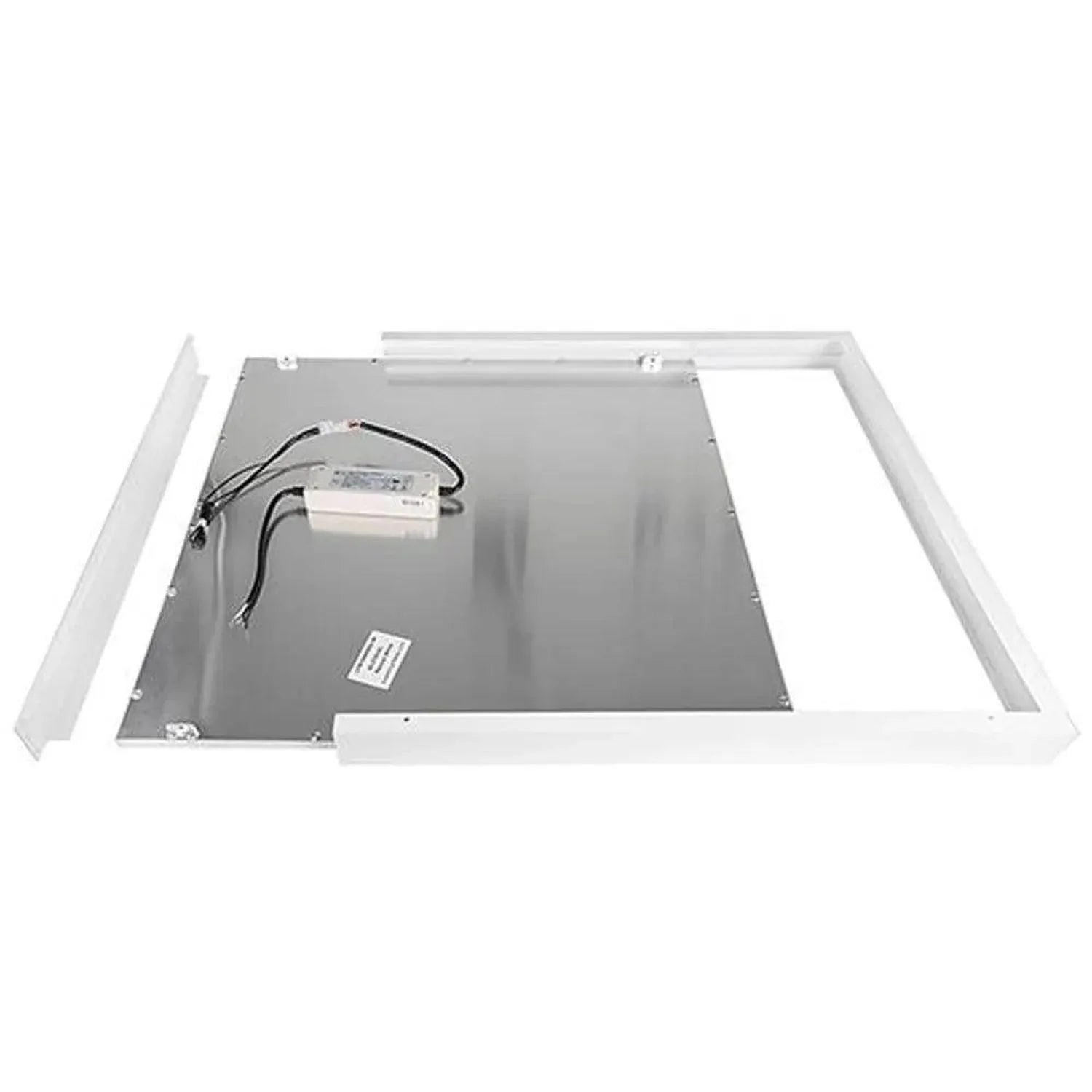 Underside view of aluminum surface mount frame showing gray backing plate with wired driver component and white border frame 