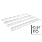 White aluminum surface mount frames for LED panels displayed at an angle, with hardware fasteners shown in inset diagram.