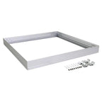 White aluminum surface mount frame with mounting hardware and fasteners displayed separately below.