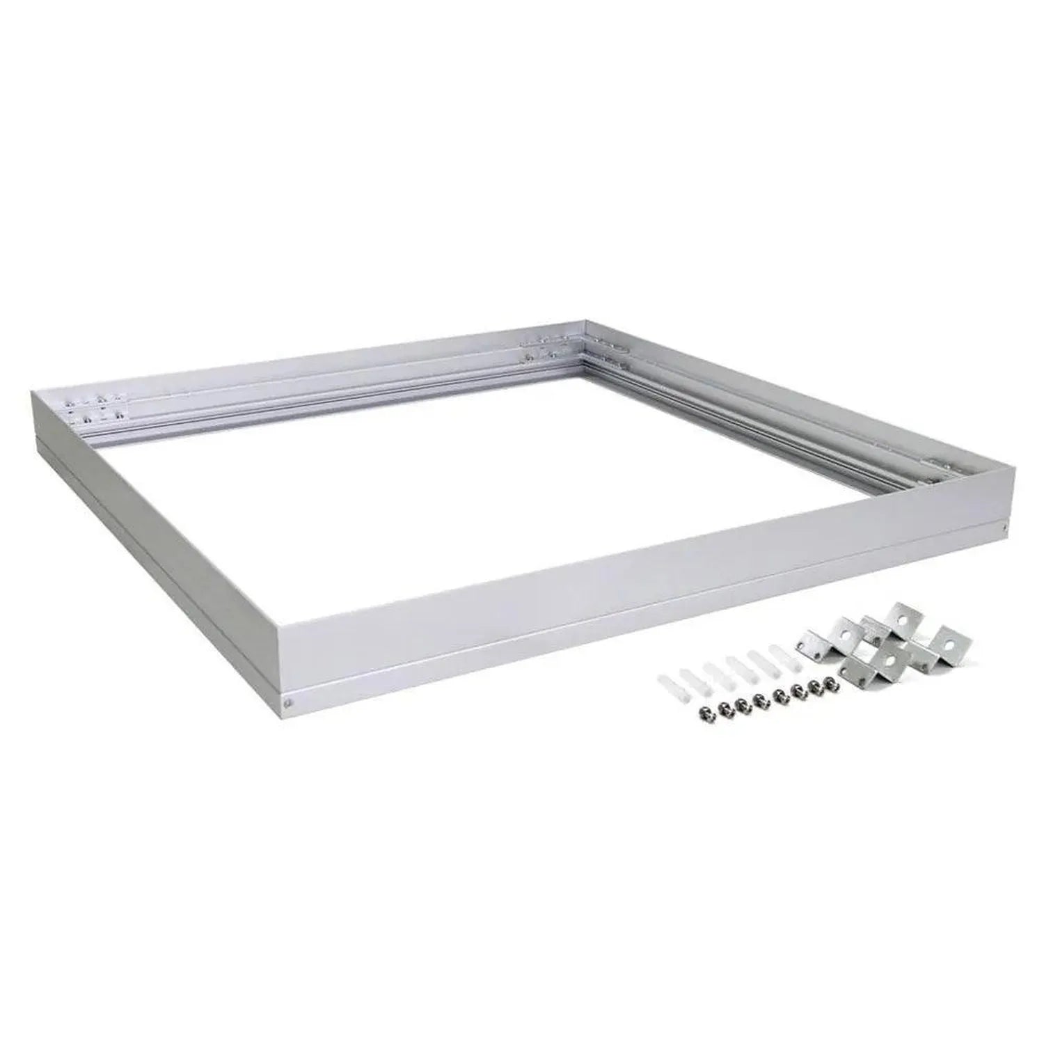 White aluminum surface mount frame with mounting hardware and fasteners displayed separately below.