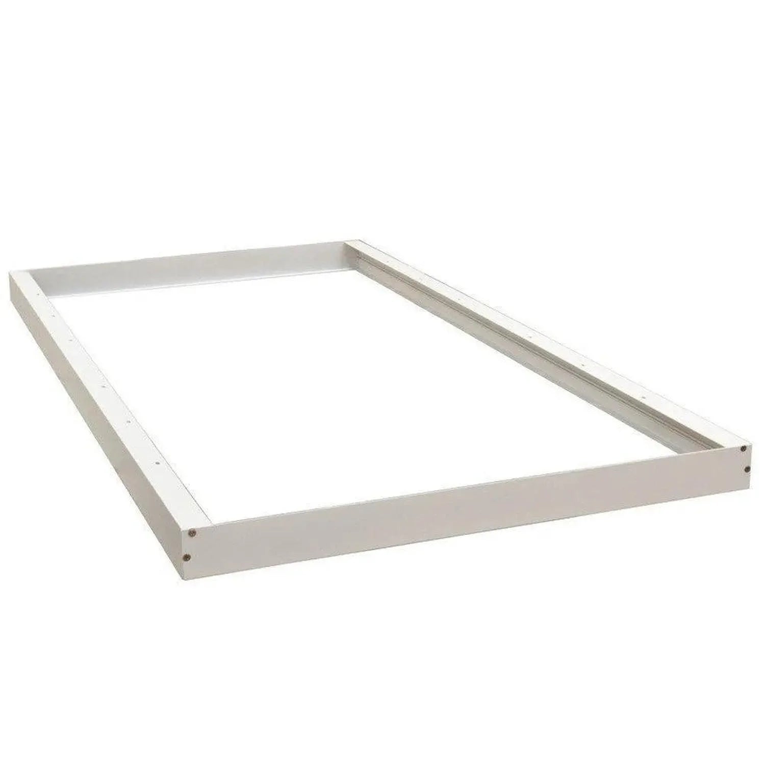 White aluminium surface mount frame for LED panel light, rectangular shape with hollow center and corner fasteners visible.