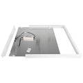 Disassembled aluminum frame kit showing white border frame, gray metal panel backing, and internal wiring with driver compone
