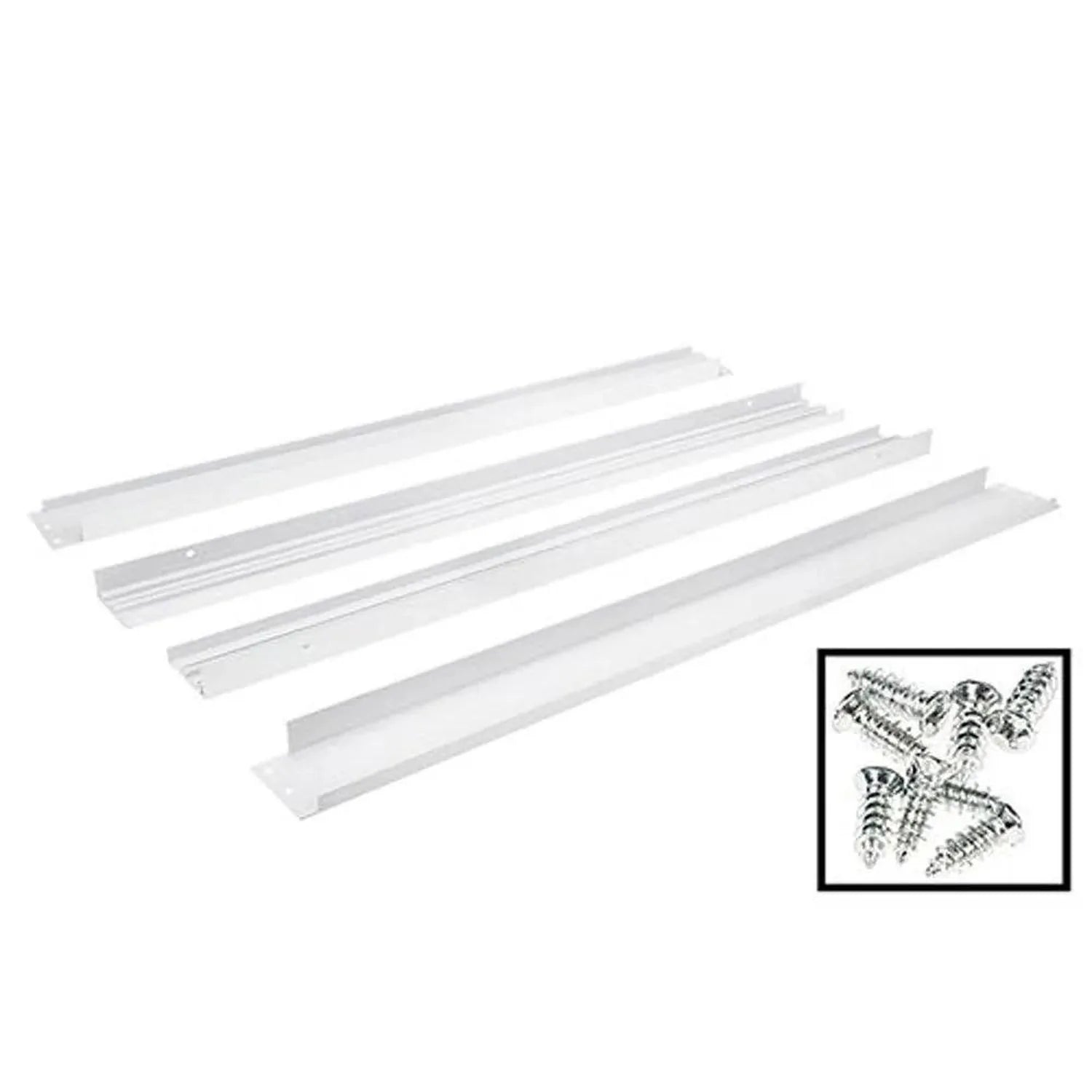White aluminum mounting frame components arranged in rows with installation hardware shown in inset diagram.