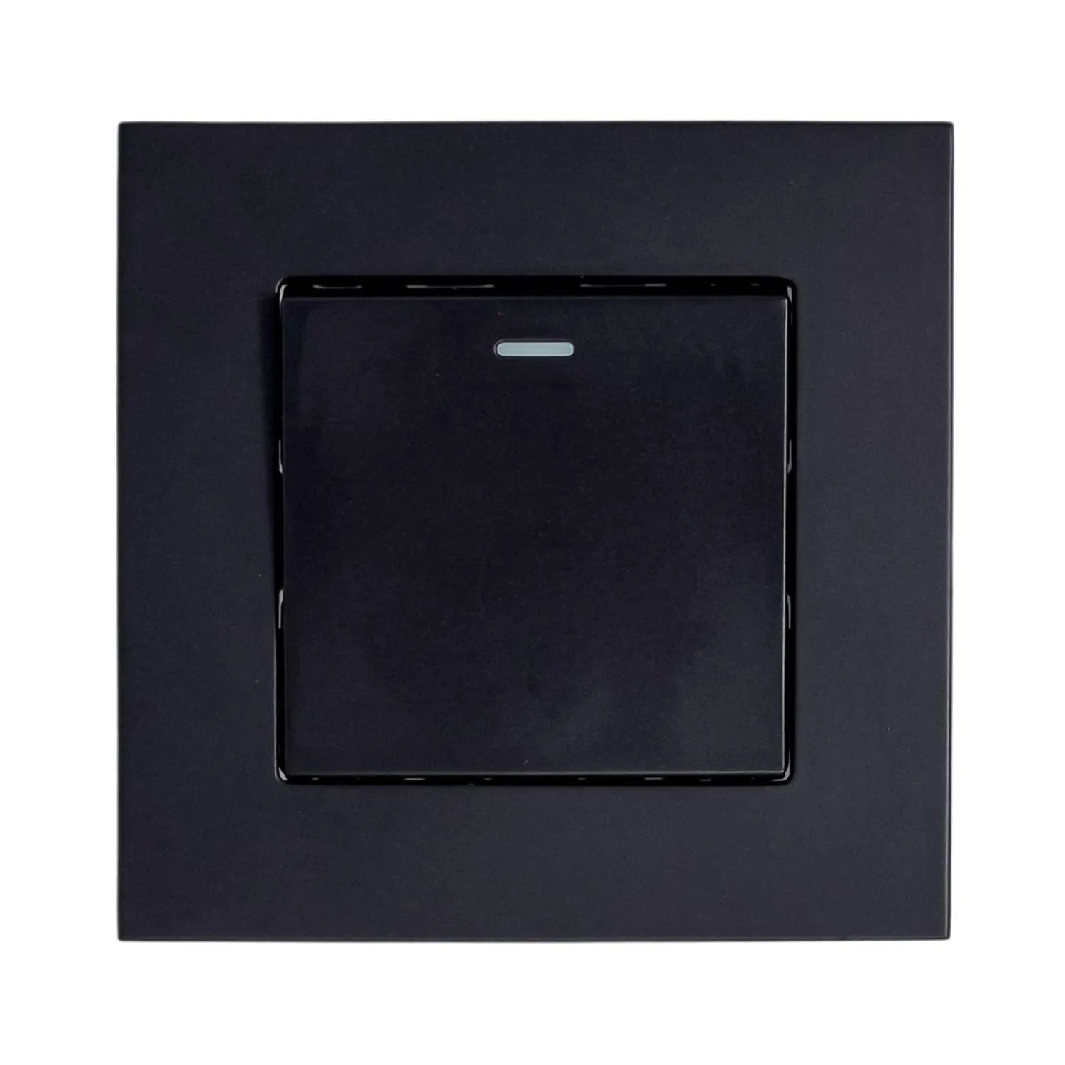 Black 1-gang 2-way light switch with illuminated indicator, shown mounted on dark square wall plate.
