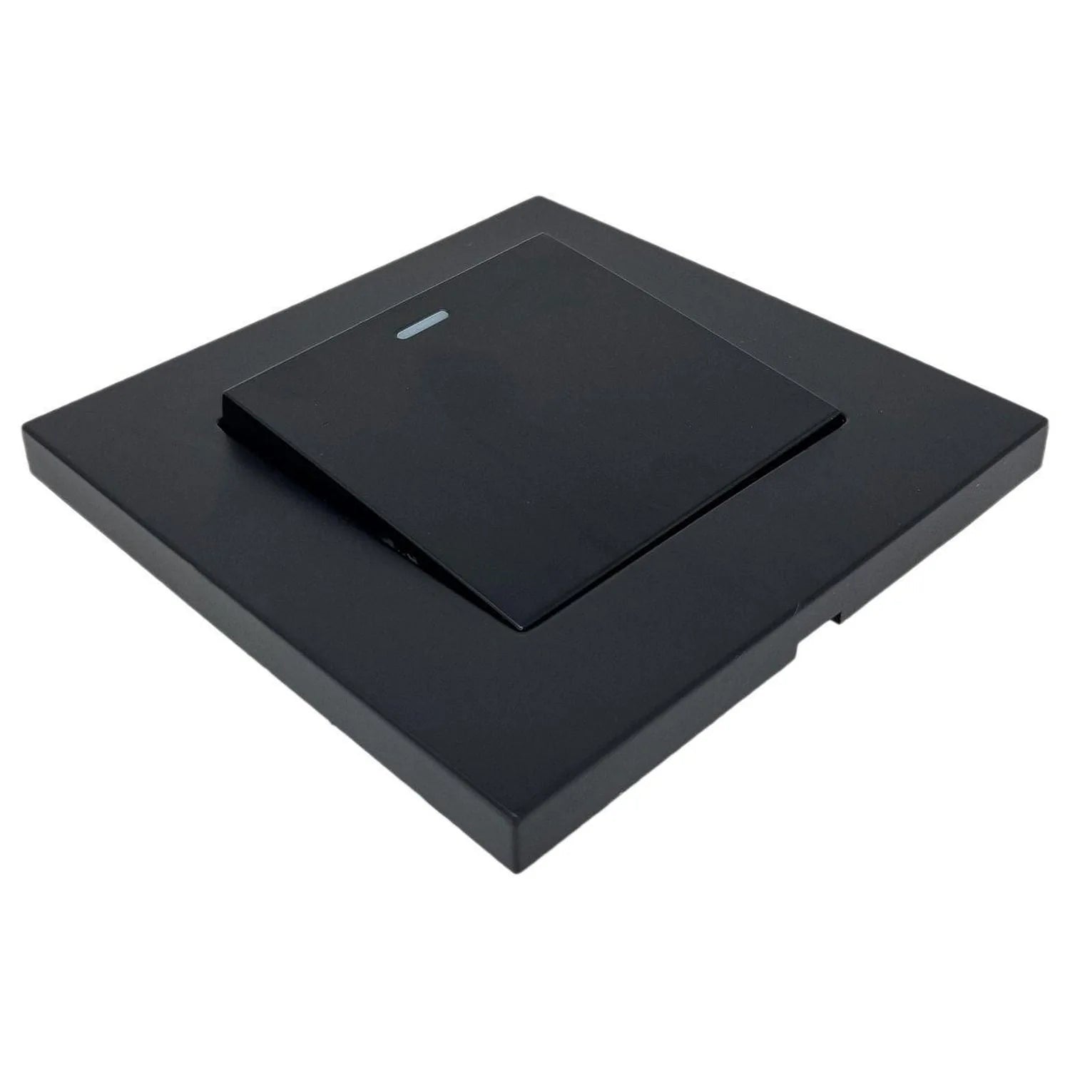 Black 1-gang 2-way light switch mounted on square wall plate with indicator light visible at top