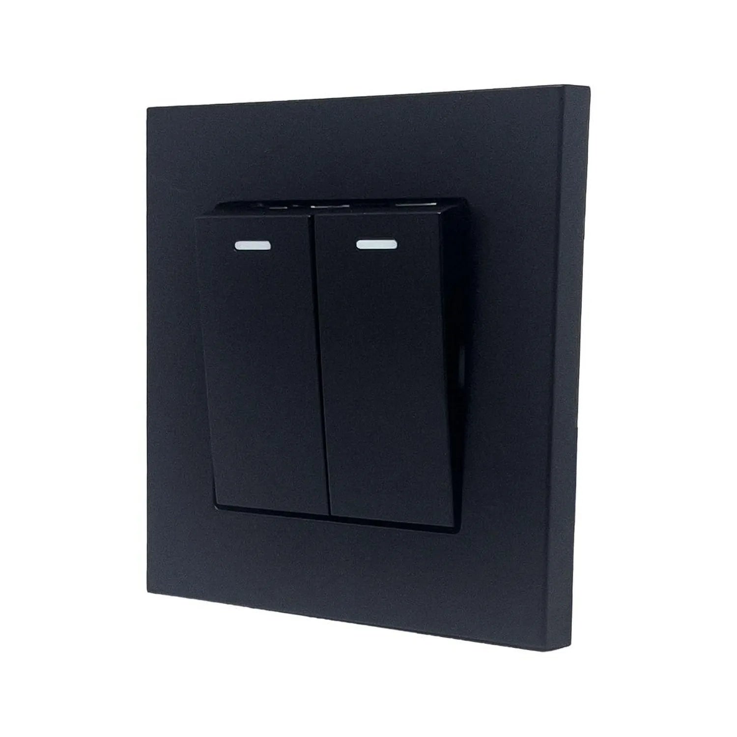 Black 2-gang 2-way light switch with illuminated indicator bars on each toggle, mounted on a dark square faceplate.