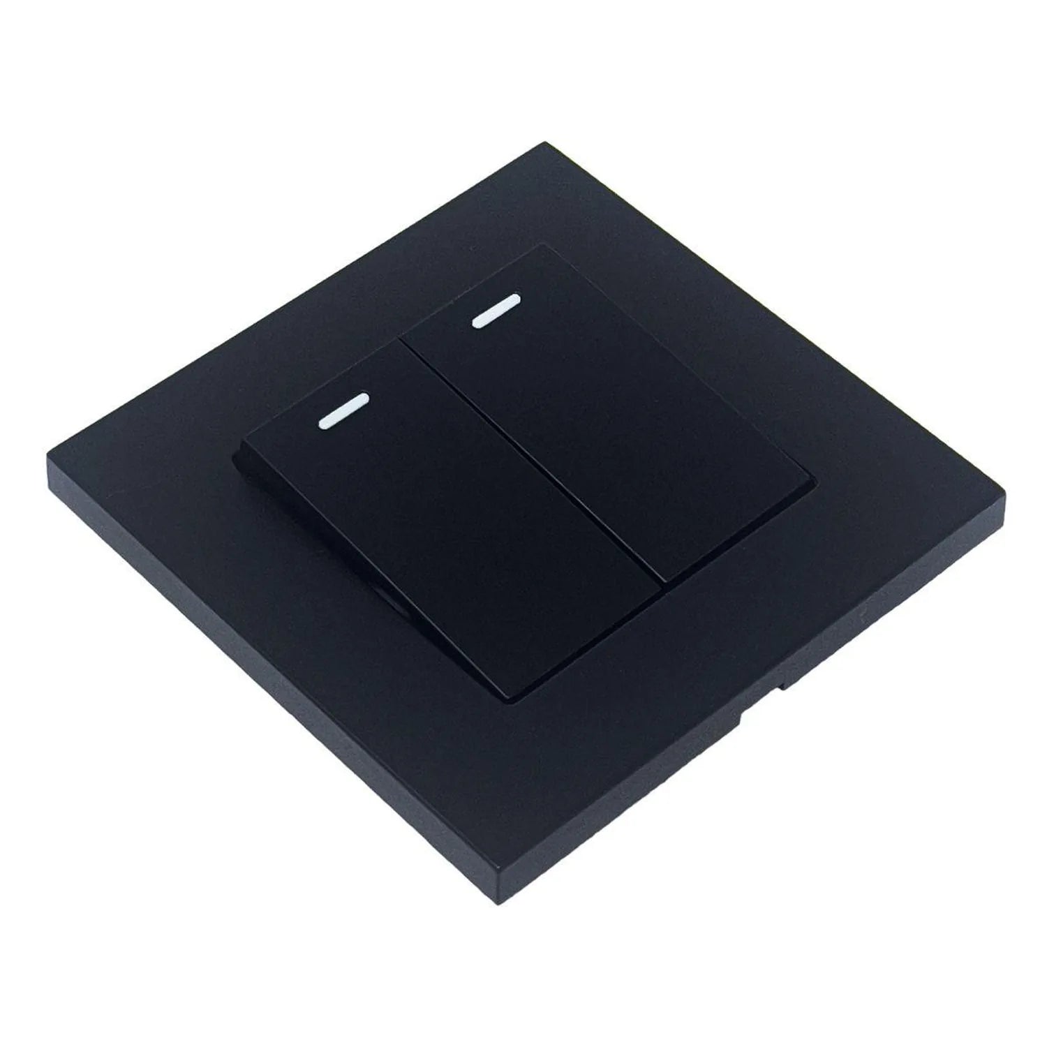 Black 2-gang 2-way light switch with dual toggle switches and indicator lights on square plate, isometric view.