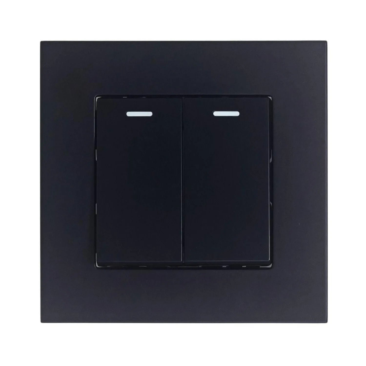 Black dual-gang 2-way light switch with illuminated indicators on each toggle, mounted on square faceplate.