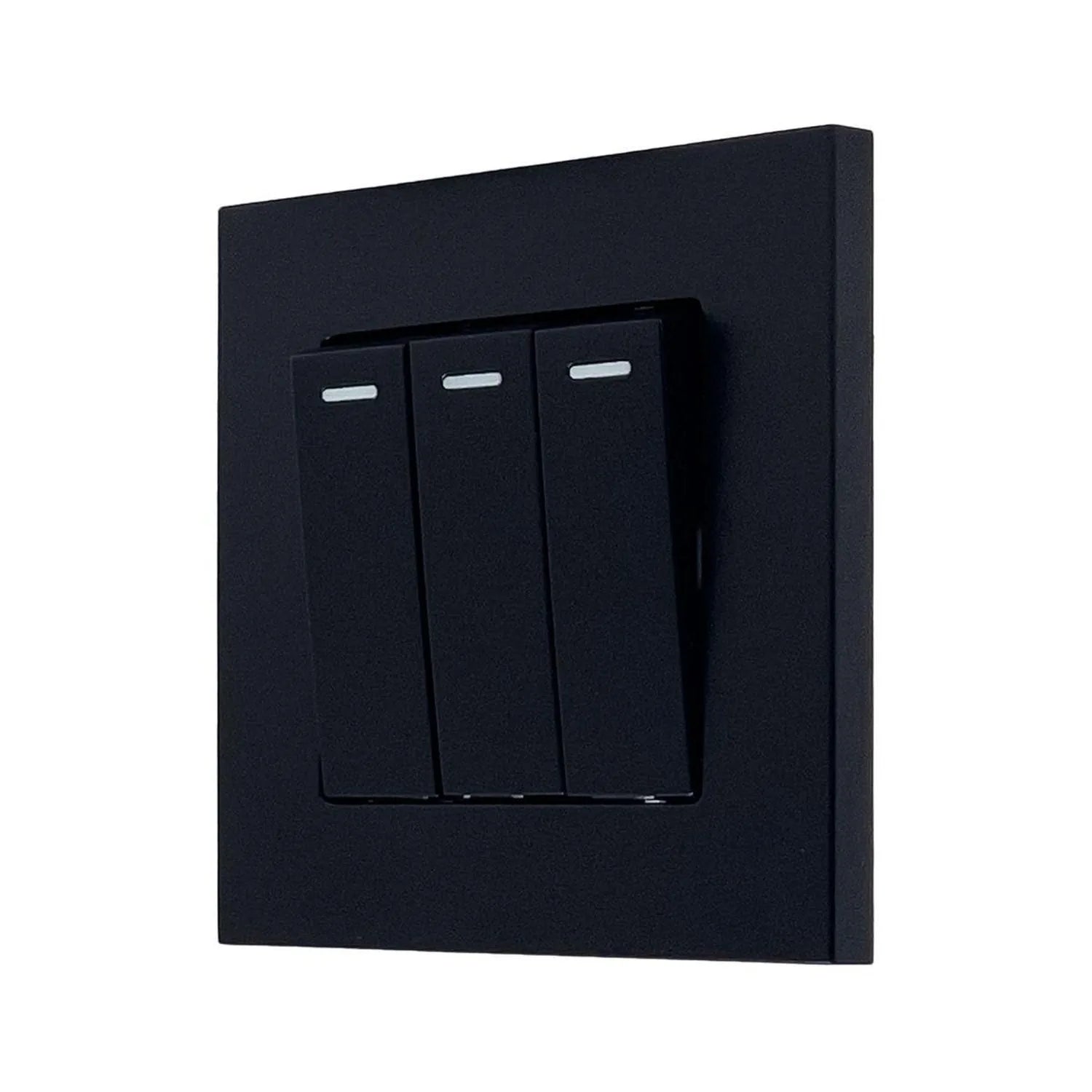 Black 3-gang 2-way light switch with white indicator bars on each toggle, mounted on square black faceplate.