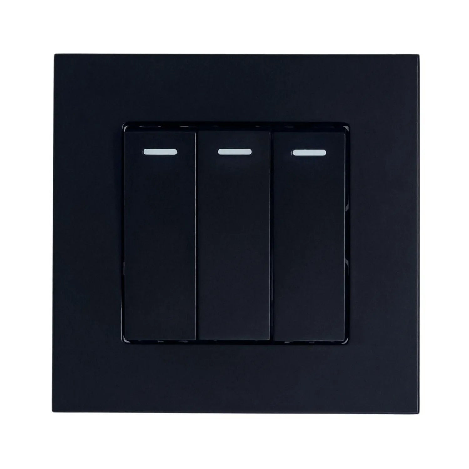 Black 3-gang 2-way light switch with illuminated rocker switches against matching black wall plate.
