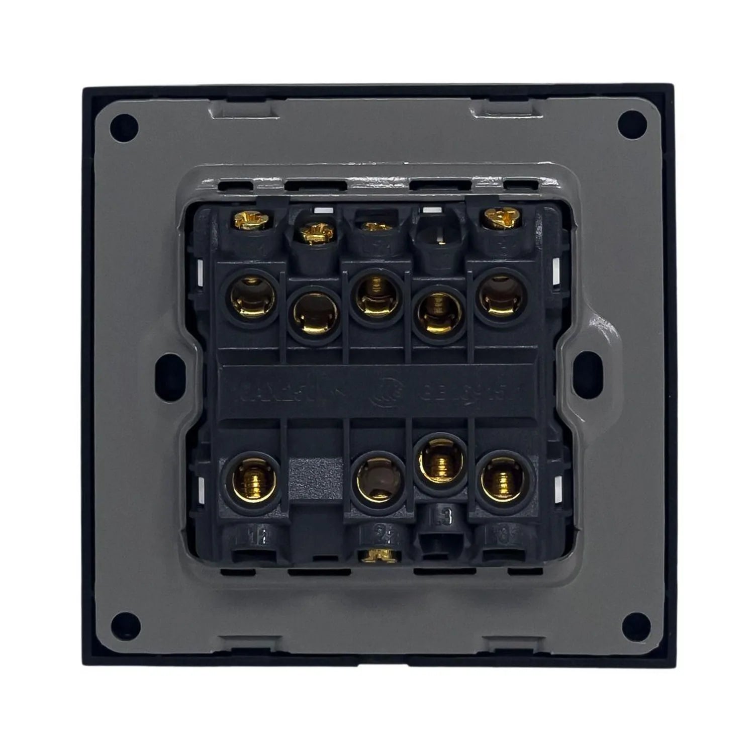Rear view of electrical switch terminal block showing brass screw connections and wiring terminals on black housing.