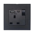 Black wall-mounted socket outlet with dual USB ports and on/off switch, 5V 2100mA output.