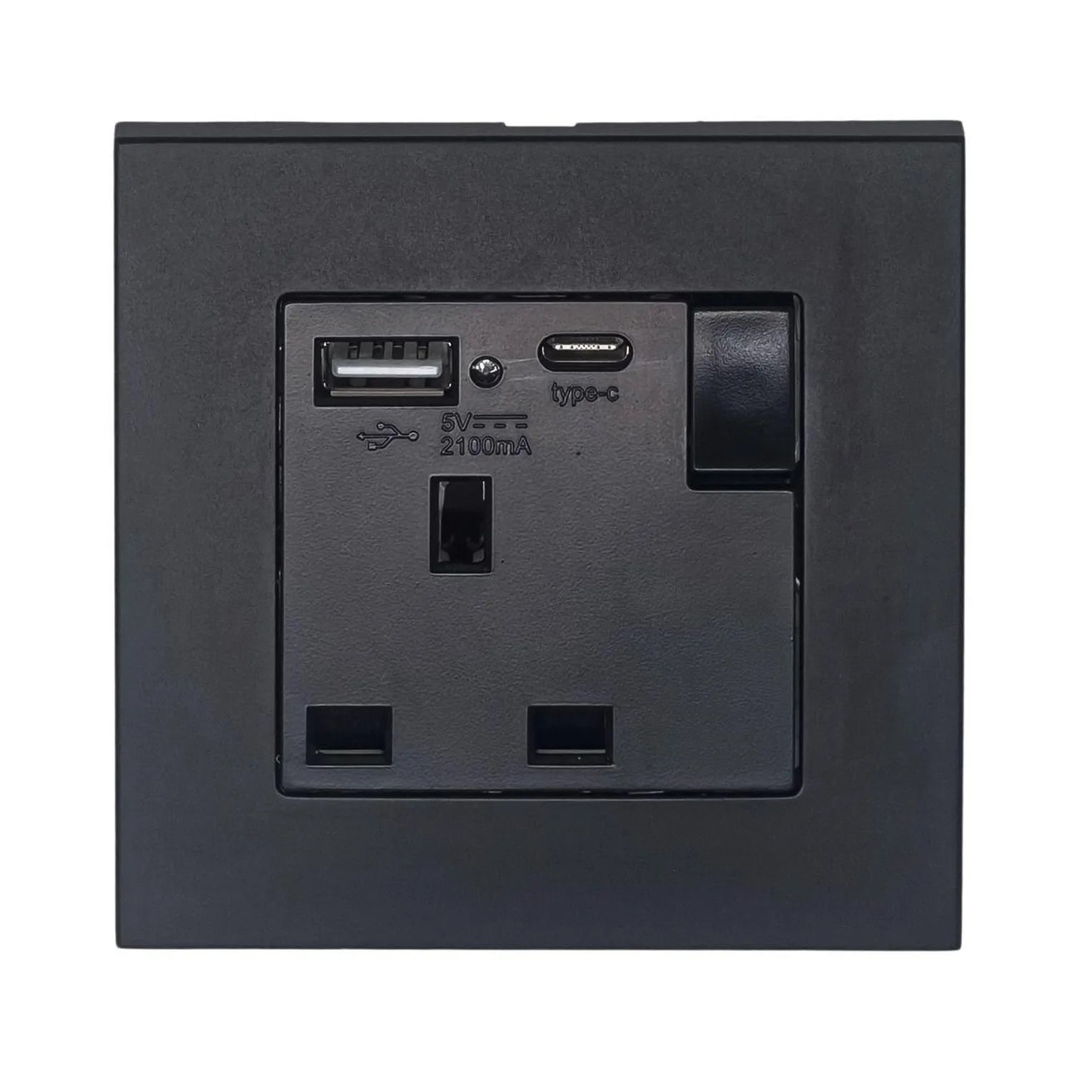 Black wall-mounted socket outlet with dual USB ports and on/off switch, 5V 2100mA output.