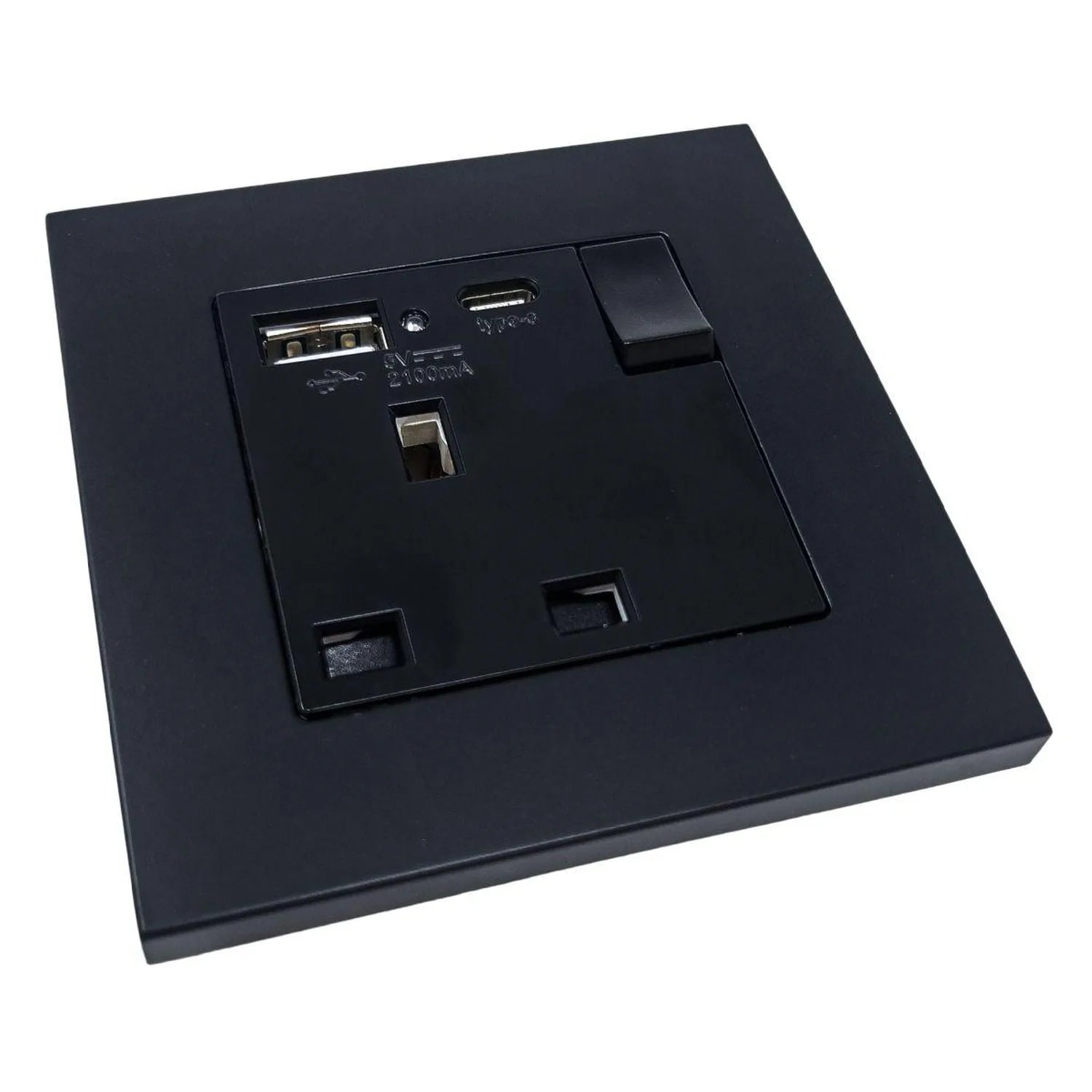 Black 1-gang switched socket outlet with USB-A and USB-C ports, shown from angled front view.