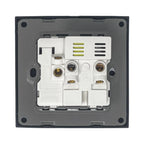 Back panel of white electrical socket showing brass terminals, earth symbol, CE mark, and 13A 250V 50/60Hz rating, mounted in