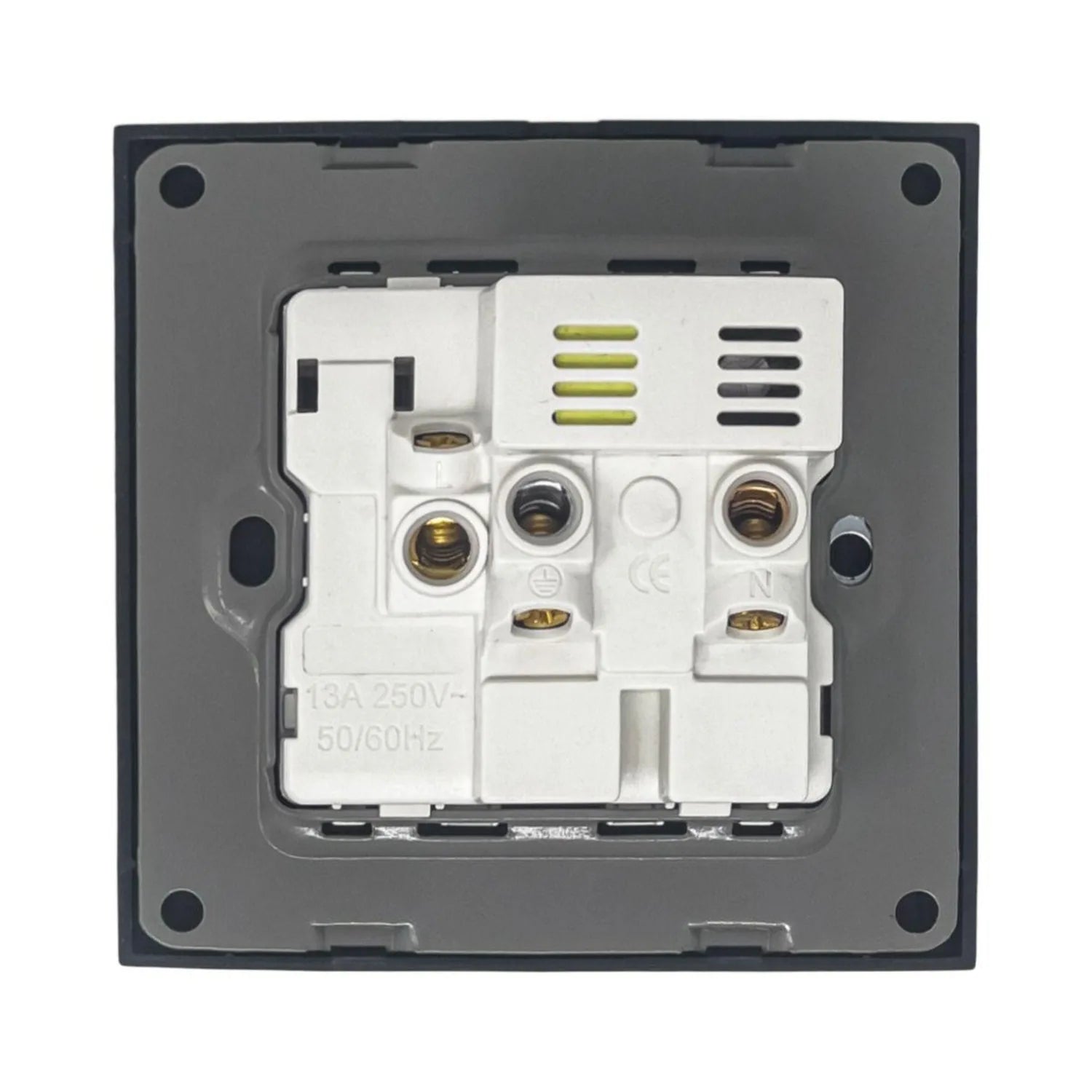 Back panel of white electrical socket showing brass terminals, earth symbol, CE mark, and 13A 250V 50/60Hz rating, mounted in