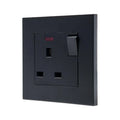 Black 13A switched socket outlet with power indicator light on square profile faceplate.