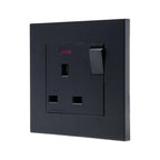 Black 13A switched socket outlet with power indicator light on square profile faceplate.