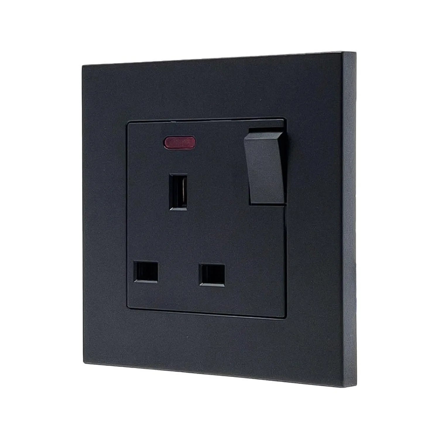 Black 13A switched socket outlet with power indicator light on square profile faceplate.