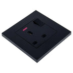 Black square wall socket with single switch, pink indicator light, and three rectangular outlets, shown at isometric angle.