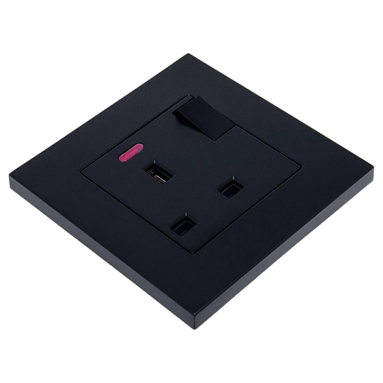Black square wall socket with single switch, pink indicator light, and three rectangular outlets, shown at isometric angle.