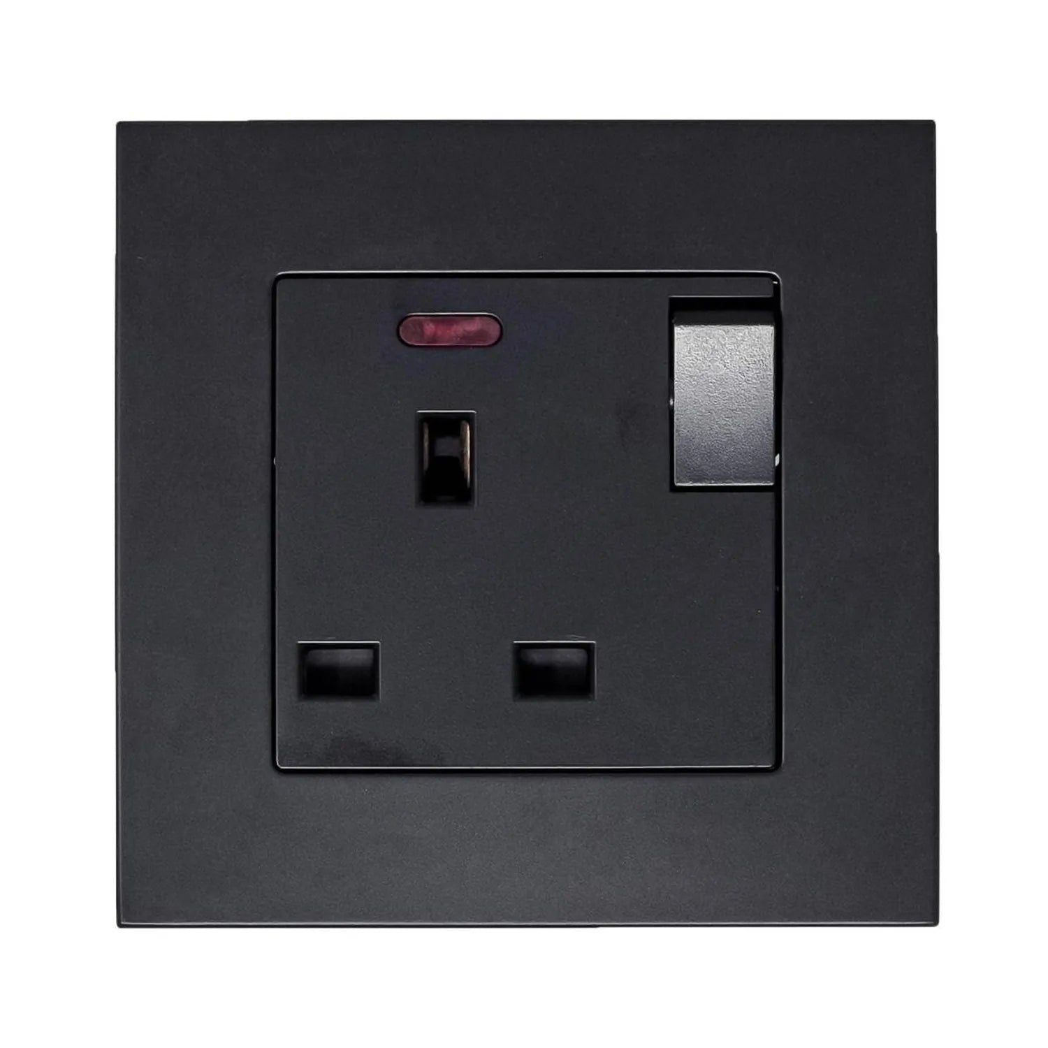 Black 13A switched socket outlet with illuminated on/off switch and metallic insert, mounted on square black faceplate.