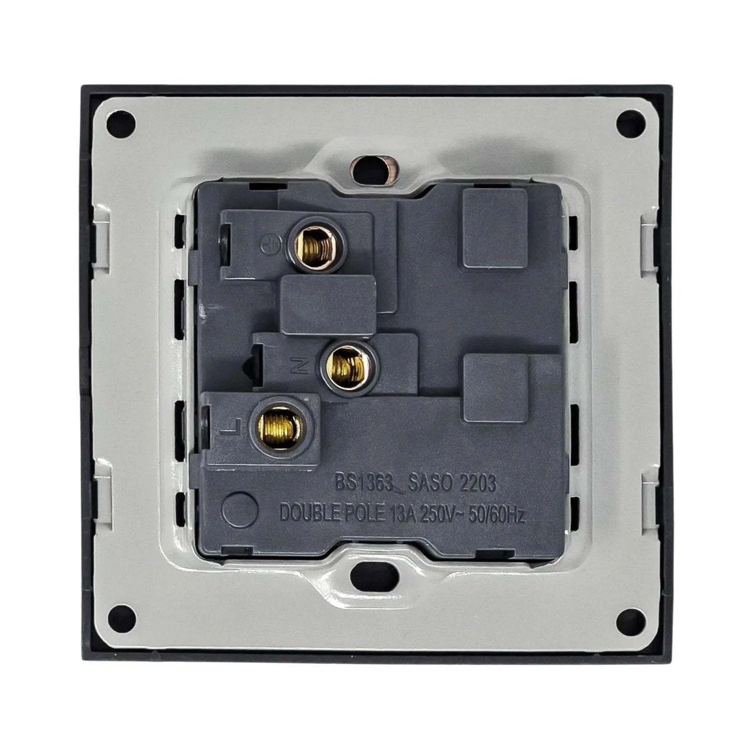 Rear view of electrical socket switch showing internal wiring terminals and BS1363 SASO 2203 double pole specifications.