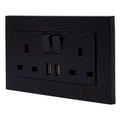 Black 2-gang switched socket outlet with two USB ports, shown as a product shot against white background.