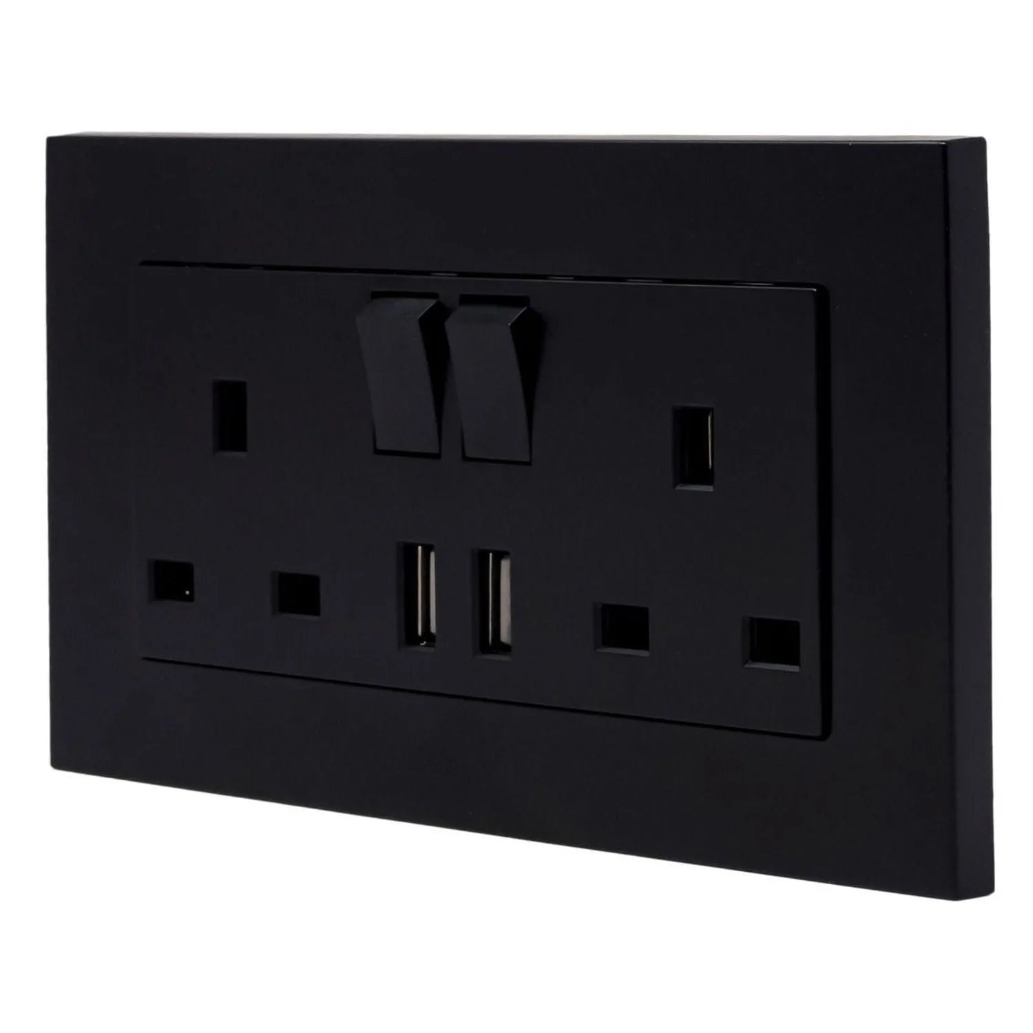 Black 2-gang switched socket outlet with two USB ports, shown as a product shot against white background.