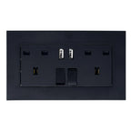 Black 2-gang switched socket outlet with dual USB ports mounted on dark wall plate.