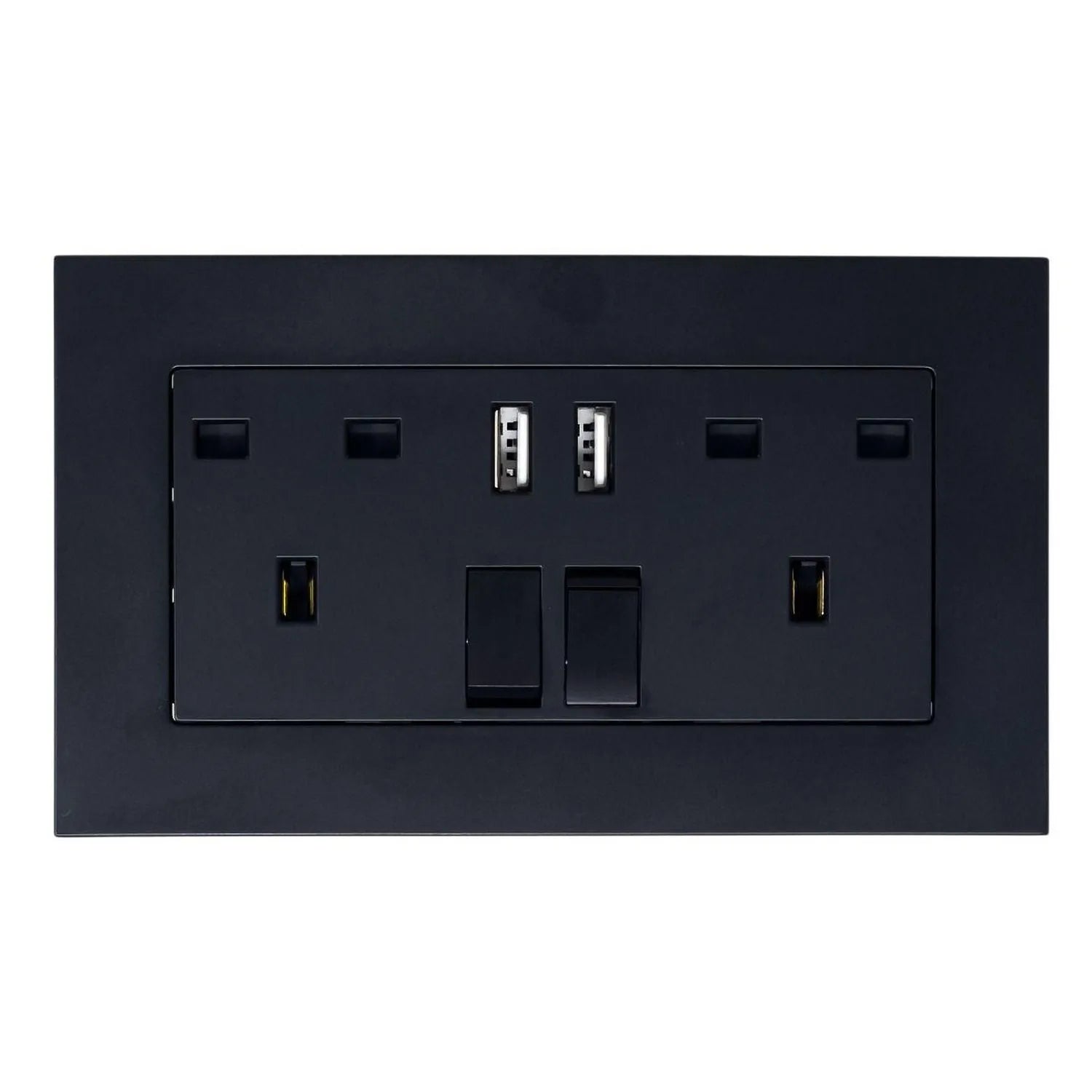 Black 2-gang switched socket outlet with dual USB ports mounted on dark wall plate.