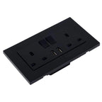 Black 2-gang switched socket outlet with two USB Type A ports, angled product view on white background.