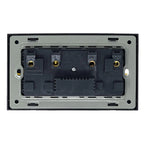 Rear view of 2-gang electrical socket showing brass terminals and black internal mechanisms mounted on gray backing plate.
