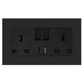 Black dual socket outlet with USB ports mounted on dark wall, showing two power sockets, USB-A and USB-C charging ports, and 