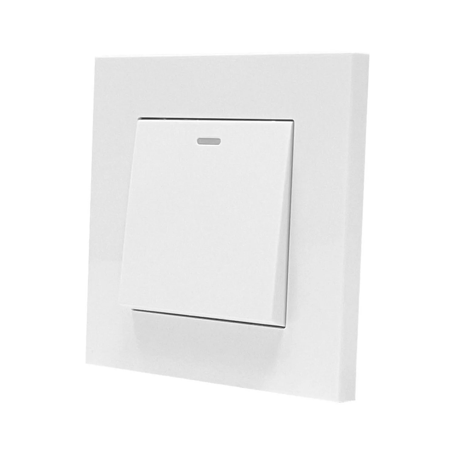 White 1-gang 2-way light switch with indicator light mounted on white wall plate, product shot.