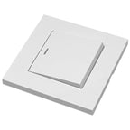 White square light switch plate with single toggle switch, shown at an angle against white background.