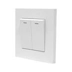 White dual-gang light switch with two rectangular buttons and indicator lights, mounted on white wall plate.