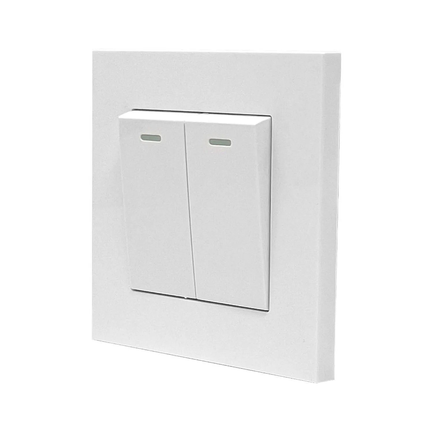 White dual-gang light switch with two rectangular buttons and indicator lights, mounted on white wall plate.
